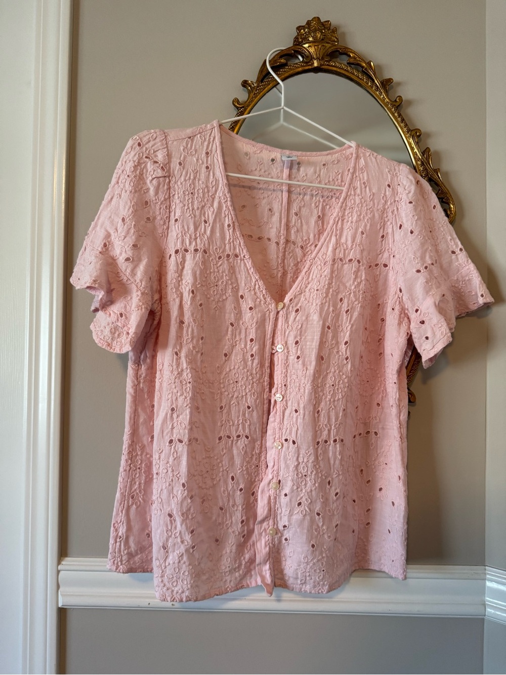 Light Pink Eyelet Button-Front Women's Top